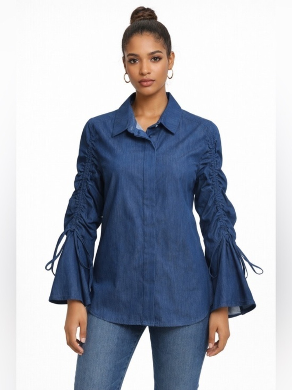 C/MEO Collective Button Down Ruched Sleeve Navy Blue Top Size Small NWOT